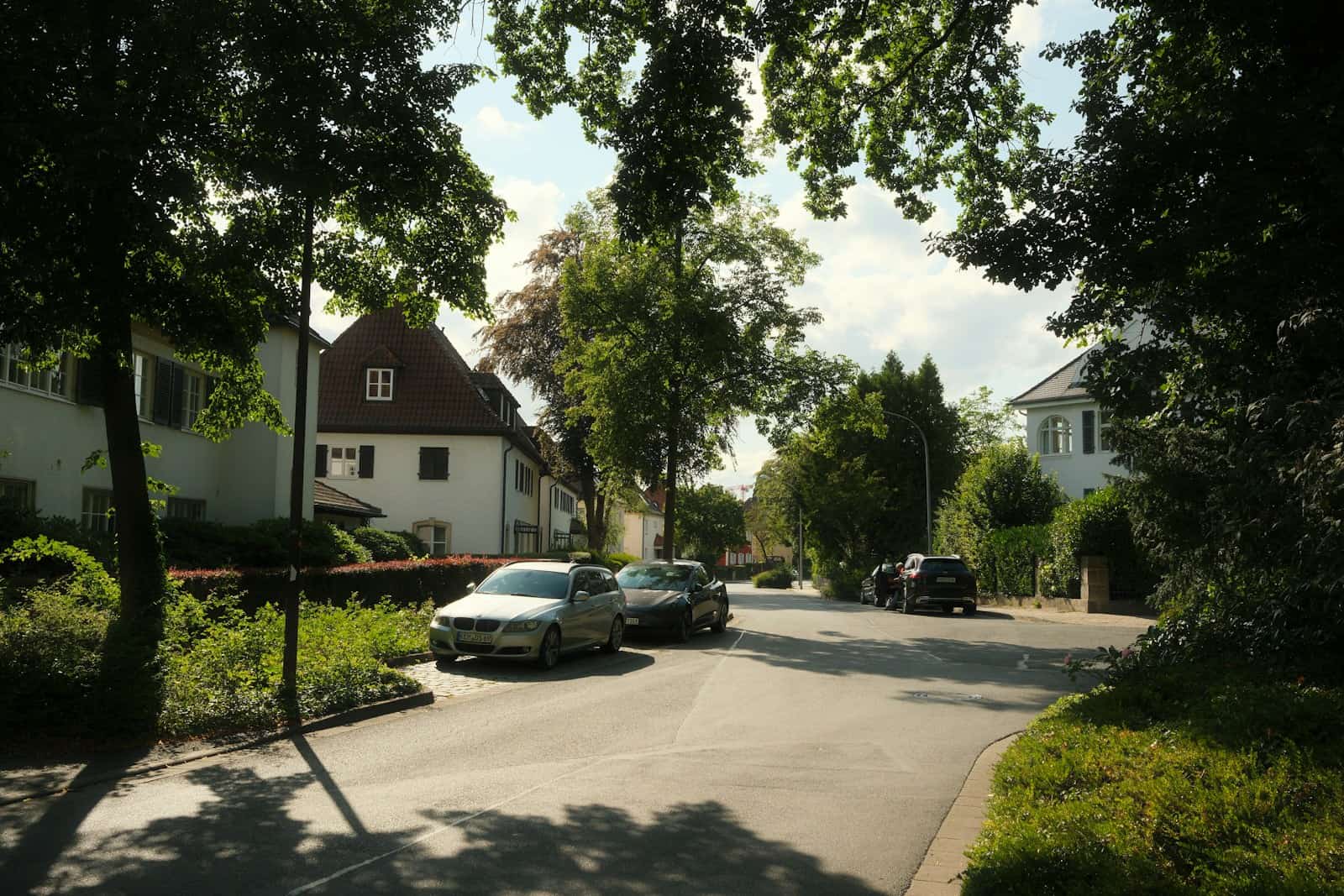 Ruhige Wohnstraße mit Einfamilienhäusern, Bäumen und parkenden Autos